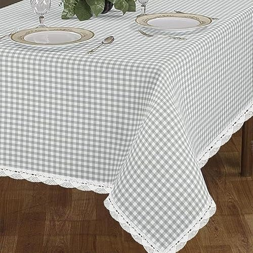 INTRECCI Tovaglia Amour 14/16 Posti, Rettangolare, in Cotone, 140x300 cm, Fantasia Quadri Scozzese, Orli Decorativi, 100% Cotone Oeko-Tex, Azo Free, Lavabile in Lavatrice, Colore: Grigio Melange