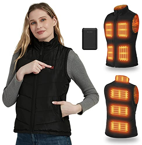 Beheizte Weste für Damen, Schmal Geschnittene Beheizbare Damen Weste mit Akku, Winter Warm Draussen USB Aufladung Elektrische Heizweste mit 8 Beheizte Zonen,S