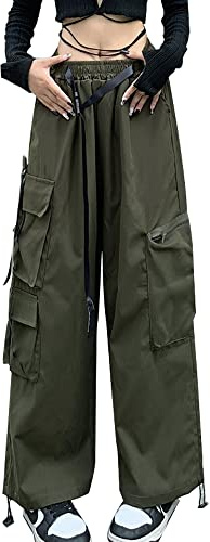 Hewlshawn Cargobyxor för kvinnor, baggy hög midja, gotiska Y2k, raka streetwear, elastisk midja med dragsko, justerbara fötter, knytning