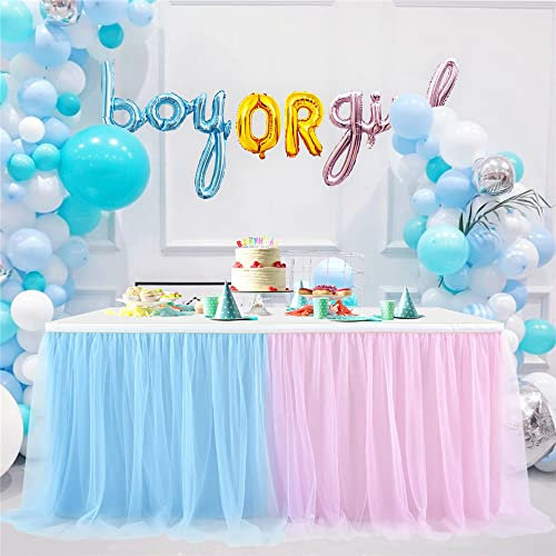Highdi Tüll Tischrock, Selbermachen Candy Lang Tisch Tischdecke Kuchen Tischdekorationen für Party, Hochzeit, Taufe, Bankett oder Empfangstischdekoration (8FT,Blau + Rosa)