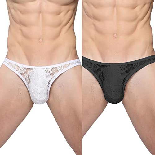 VemeFufu Sexy Pizzo Slip Uomo Intimo Perizoma C String G Boxer Tanga Uomini Hot Vita Bassa Elastici Thong Mankini Bikini Maschile Mutande Nero + Bianco Tagli Unica