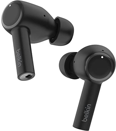 Belkin SoundForm™ Pulse In-Ear-Kopfhörer mit Geräuschunterdrückung, kabelloses Ladecase, 3 Mikrofone je Ohrhörer, Spritzwasserschutz (Schutzart IPX5), Bluetooth-Kopfhörer für iPhone, Samsung – Schwarz