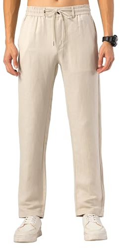 TONY BACKER Pantaloni Lino Uomo Leggero con Tasche Estivo da Yoga Pantaloni Casual da Spiaggia con Coulisse Elasticizzata in Vita F7221 (IT, Misura del girovita, 46, Regular, Regular, Khaki)