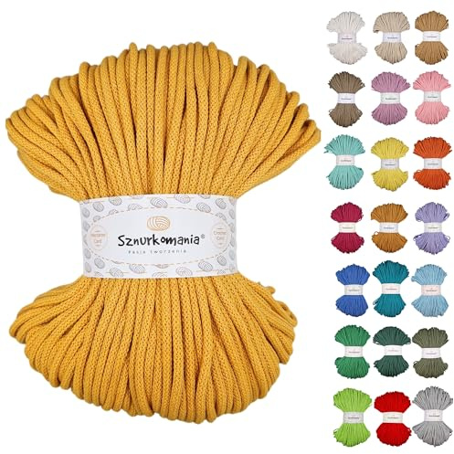 Braided Cotton Cord 5 mm 100 m, 46 Colours, Crochet Cord, Macrame Cord, Macrame Yarn, Premium Yarn, Macrame Rope, Sznurkomania (Yellow)