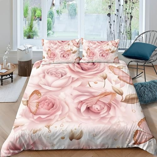 XILENY Rose Comforter Covers 3D Print Pink Gold Details for Teens And Adults Duvet Cover Quilt Cover Soft Microfiber with Zipper Closure with Pillow Cases Bedding Set 3 Pieces Double（200x200cm）