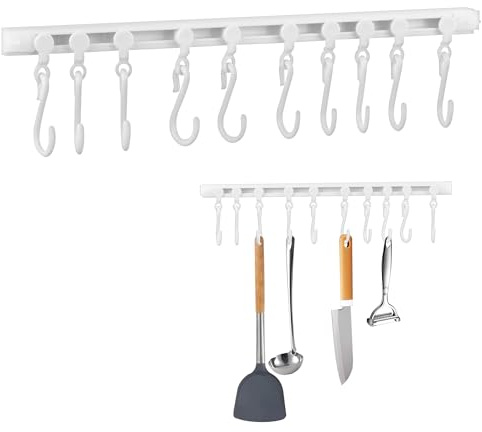 fuxunamz Ustensiles de Cuisine Crochet Cuisine, Support Ustensiles Cuisine avec 10 Crochets, Sans Perçage Coulissant Ustensiles Cuisines Mural Porte Crochets de Cuisines pour Barre Armoire Bains
