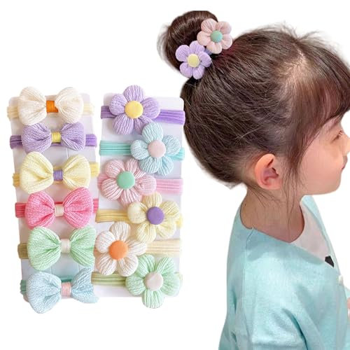 ﻿Klein Haargummi, 12 Stück Weich Haargummi mit Schleifen Blumen, Mini Elastische Haarbänder für Mädchen Baby Kleinkind (MIX-A 12 PCS, ONE SIZE)