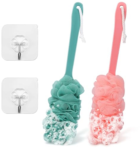 2Pack Back Scrubber for Shower Loofah with Long Handle, Shower Brush for Body, 17″ Loofah on a Stick for Men Women Bathing Accessories, Scrubber Sponge for Exfoliating Bath Brushes (Pink & Green)