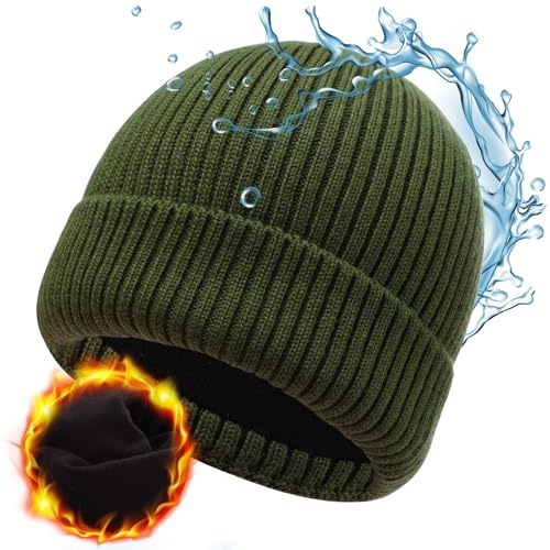 M/L XL/XXL 30% lana merino, impermeable, gorro para hombres y mujeres, gorro de lana elástica con forro polar cálido, A- Verde Ejército, XL/XXL