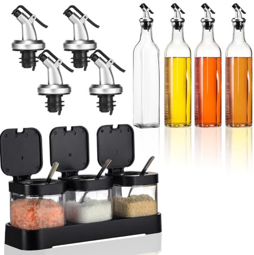 Teenyyou 7 Pcs Salt Sugar Container and Oil Dispenser for Kitchen Gift Set, 8.6 oz Clear Glass Condiment Canisters Pots with Lid and Spoon 17 oz Glass Oil Bottle for Countertop, Coffee Bar