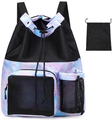Lohol Mesh Drawstring Backpack with Seperate Shoes Bag, Swimming String Sack for Sports Gym Yoga Beach Travel (Galalxy Purple Blue)