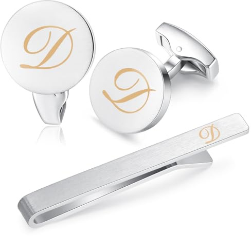HONEY BEAR Initiale Lettre Alphabet Boutons de Manchette & Pinces à Cravate Set pour Le Cadeau affaires de Mariage de Chemise hommes Argent brossé (D Mise à niveau avec boîte)