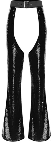 Agoky Pantalon Chaps Cowboy Femme Paillettes Pantalon Ouvert Entrejambe Costume Carnaval Halloween Noir S