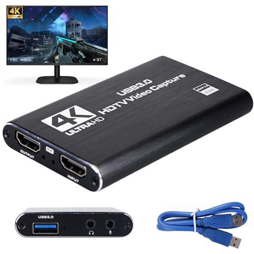 USB 3.0 Video Capture Card 4K HDMI med loop-Out: 1080P 60FPS inspelningsenhet för streaming, 4K HDMI Capture kort, kompatibel med PS5, Xbox, Switch, kamera, OBS, Plug & Play för PC/laptop