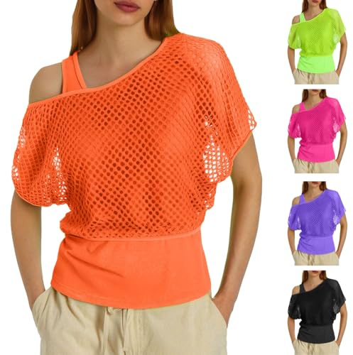 Haut en maille fluo pour femme - T-shirt en maille - Costume des années 70 et 80 - T-shirt à manches courtes - T-shirt aérobic, rave, fête, carnaval, fête à thème, costume de carnaval, Orange, XL