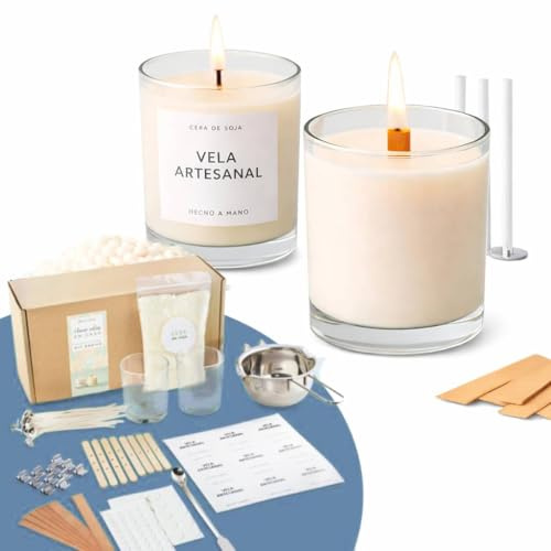 GRAN VELADA - Kit para Hacer Velas en Casa | Materiales, Utensilios e Instrucciones DIY | Cera de Soja y Mechas de Madera y Algodón | Set de Iniciación para Velas en Vaso | No incluye Esencia