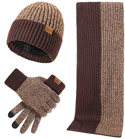 LumiSyne Invierno 3 En 1 Gorro Bufanda Guante Set Para Hombres Mujeres Jacquard Bicolor Simple De Moda Guantes De Pantalla Táctil Gorro De Punto Sombrero Beanie Bufanda Larga Lana Espesa y Suave