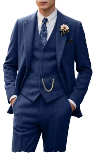 Herringbone Tweed Men Suits 3 Piece Wool Blend Formal Party Wedding Men's Suit Set Business Prom Tuxedos for Men Navy Blue S
