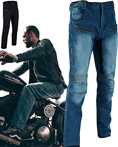 Texpeed Pantalones de moto para hombre - Motociclista en aramida 280 g/m² con protectora (EN 1621-1) - Corte entallado cónico - Azul - (4XL Cintura/Pierna Largo)