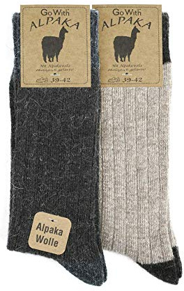 Alpaca Wool Socks for men and women, 2 pairs warm soft cosy natural wool thermal, thick boot socks walking hiking camping, grey beige brown