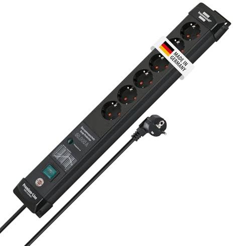 Brennenstuhl Premium-Line Steckdosenleiste 6-Fach mit Überspannungsschutz bis zu 60.000A (Mehrfachsteckdose mit Schalter und 3m Kabel, Steckdosenleiste Wandmontage, Made in Germany) schwarz