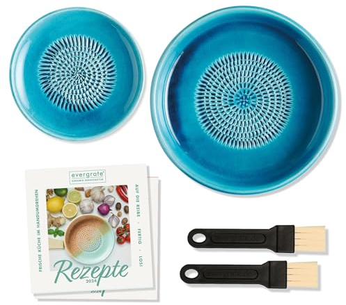 evergrate Geniales Duo: Tellerreibe + Dipschale Motiv Türkis mit 2 Küchenpinsel und 2 Rezepthefte