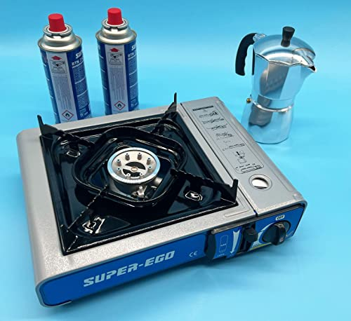 iCamp Cocina de Gas Portátil de Primera Marca (Incluye el maletin de Transporte) + Cafetera Metalica (hasta 6 Tazas) + 2 Recambios de Gas 250