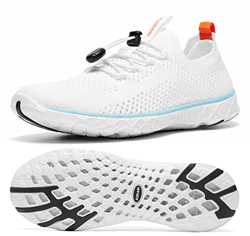 KOLILI Women's Lightweight Water Shoes for Swimming, Quick Drying Water Aerobics Shoe, Arch Support Aqua Shoes for Surfing, Woman Slip on Walking Sneaker for Outdoor White/Aqua 8