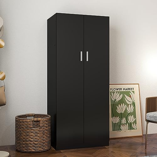 Panana 2 Door Double Wardrobe for Small Bedroom Bedroom Furniture Robe with Hanging Rail, 72 x 49 x 169 cm (Black)
