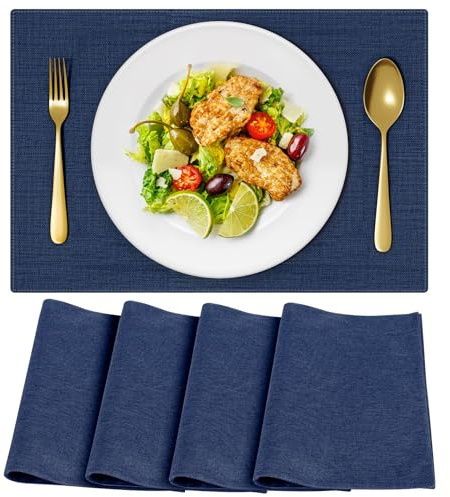 OSUASN Cloth Placemats, Set of 4 Heat-Resistant Cotton Linen Blend Double Layered Machine Washable Place Mats, Wrinkle Free Thick Fabric Dining Table Mats for Indoors & Outdoors (Navy Blue, 4)