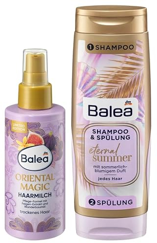 Balea 2er-Set Haarpflege: Haarmilch ORIENTAL MAGIC Intensivpflege für trockenes Haar, orientalischer Duft, Glanz bis in die Spitzen (150 ml) + Twinpack ETERNAL SUMMER Shampoo & Spülung (300 ml) 450 ml