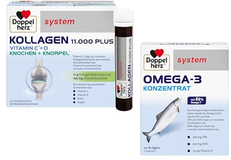Doppelherz system KOLLAGEN 11.000 PLUS - Mit Nährstoffen, die zur Gesundheit des Bewegungsapparates und zum Zellschutz beitragen - 30 Trinkfläschchen + Omega-3 Probe