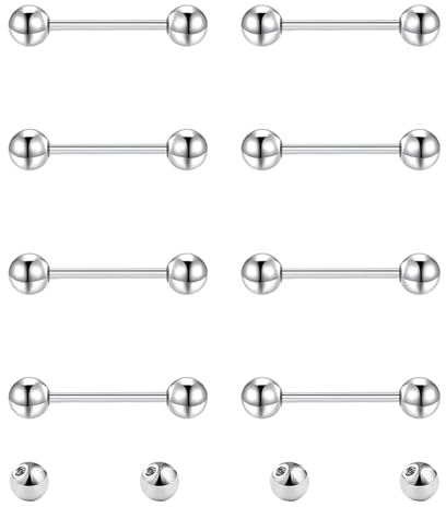 Gojewen 8er Zungenpiercing Brustwarzenpiercing und 4er Ersatzkugel Chirurgenstahl Silber Piercing Zunge Brustwarze Barbell 12mm