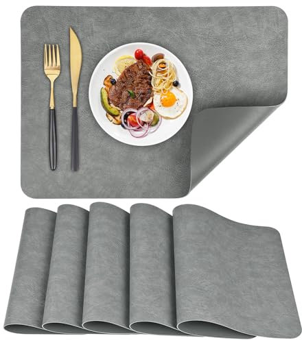 APLKER Platzsets 6er Set, Abwaschbar Tischsets rutschfest, Doppelseitigen Kunstleder Platzdeckchen, Hitzebeständig Platz-Matten für Küche Speisetisch, 40 x 30 cm (Grau, 6pcs)