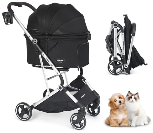 Beberoad T4 Passeggino per cani e gatti di piccola taglia e media, 4 ruote, pieghevole, carrozzina per animali domestici, con cuscinetto e portabicchieri, passeggino da viaggio, nero