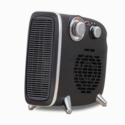 STATUS 1800W Retro Fan Heater, Dual-Position Portable Room Warmer with Two Heat Settings and Adjustable Thermostat, Black and Chrome (FH2PR-1800W1PKB6)