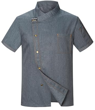 RUMAOZIA Chaqueta de cocinero para hombre, chaqueta de trabajo, chaqueta de panadero, manga corta, transpirable, uniforme de cocina, ropa de trabajo, camiseta de verano, uniforme de cocinero, manga