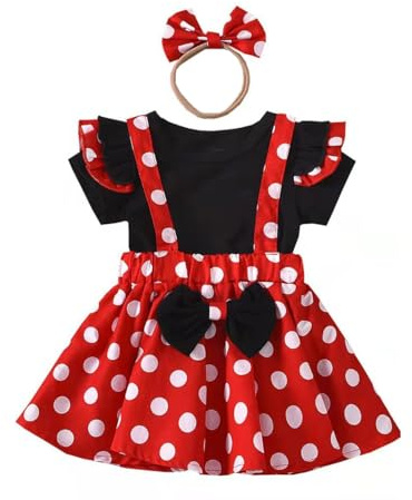 HEOXIN Abbigliamento Bambina Vestito, Top con Maniche Corte e Volant + Gonna con Bretelle a Pois Bianchi + Fascia Capelli, Vestito Bambina Completo Bambina Estivo, Rosso 4-5 Anni