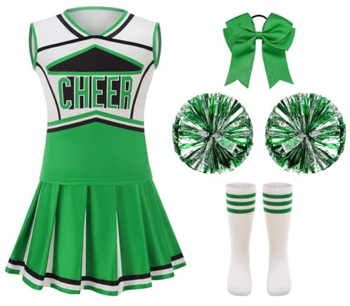 yolsun Cheerleader Costume for Girls Cheerleading Kids Dress up Halloween Cute Uniform High School Cheer leader Outfit（Green, 3-4 Years