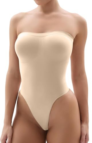 SHAPERX Shapewear bodysuit magkontroll axelbandslös body dam formande bodys shaper sömlös skulpterande tanga med justerbar axelrem, Beige tanga, S-M