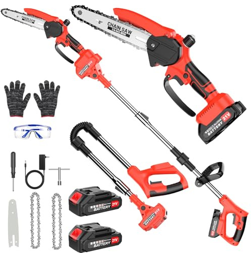 2-in-1 Cordless Pole Saw & Mini Chainsaw, 8-inch Electric Saw Brushless with 2 * 2.0Ah Battery, Telescopic Motor Head 180° swiveling, Chain Saw with Extension Pole for Wood Cutting Trimming Branch