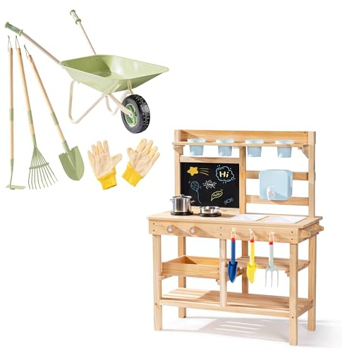 ROBOTIME Mud Kitchen & Kids Wheelbarrow Set, Wooden Outdoor Play Kitchen with Real Water Flow, Planting Tools & Metal Wheelbarrow, Backyard Sensory Play and Gardening Toy Bundle for Kids Ages 3+