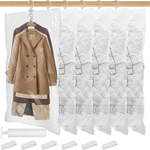 6Pcs Sacchetti Sottovuoto Appendere con Pompa Manuale, Buste Sottovuoto Vestiti Salvaspazio 70×110cm, Copriabiti Sacchi Organizer Armadio Trasparenti Riutilizzabili per Vestiti Abiti Cappotti Giacche