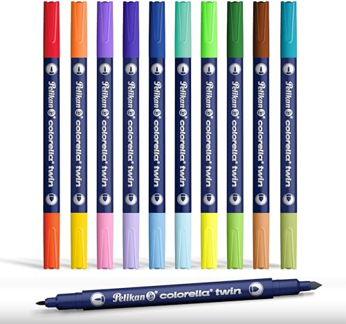 Pelikan Colorella Twin Fibre-tipppennor, paket med 10 dubbelfärgspennor med dubbla spetsar, 20 färger, tvättbart vattenbaserat bläck