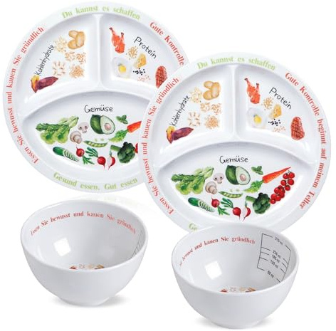 Yuecda Juego de 4 platos de control de porciones para una nutrición equilibrada, platos con dieta saludable para adultos y jóvenes, divisiones de melamina, pérdida de peso (Español)