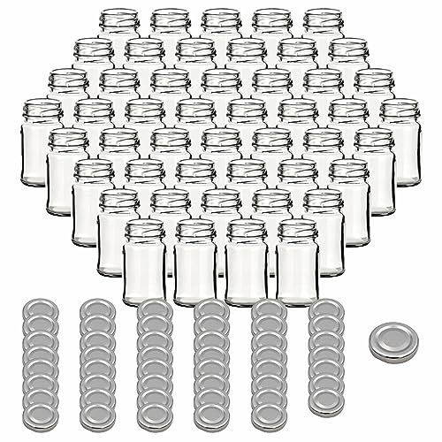 gouveo Juego de 48 tarros de conserva de 65 ml Mini con tapa de rosca, plateado BS - Pequeños tarros de rosca con tapa giratoria - Tarros redondos para mermelada y especias