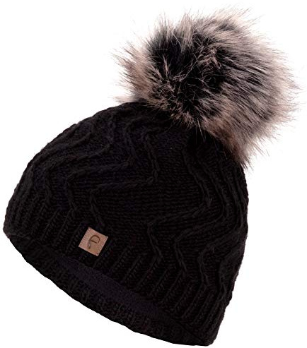 Faera Mütze Damen Wintermütze warm gefüttert mit Kunstfell Bommel Bommelmütze Fleecefutter Winter Strickmütze Beanie, Farbe:Schwarz