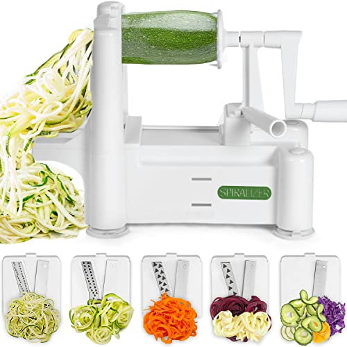 Spiralizer 5-Blade Vegetable Slicer - Strongest and Heaviest Spiral Slicer - Veggie Pasta Spaghetti Maker - Apple Potato Zucchini Slicer for Keto, Paleo, Non-Gluten Diets - Healthy Kitchen Gadgets