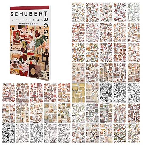 RISYPISY 50 Blatt Ephemera-Aufkleber für Scrapbooking, 1000+ Stück Vintage Washi Aufkleber Buch für Journaling Planer Collage-Karten Umschläge