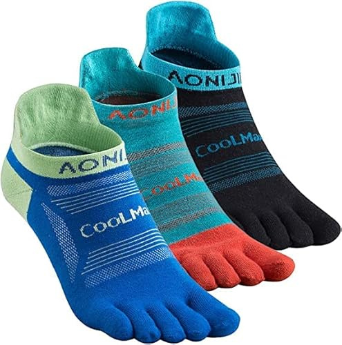 AONIJIE Running Ankle Toe Socks for Men and Women Lightweight Coolmax High Performance Five Finger Athletic Socks(3 Pairs/A: Black, Turquoise, Blue,L)